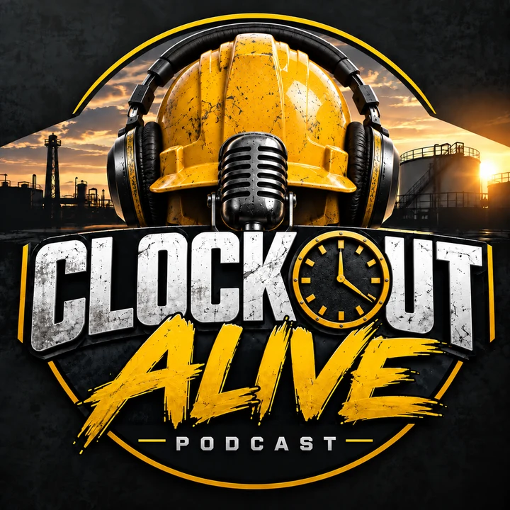 Clock Out Alive Podcast cover art: a yellow hard hat wearing headphones over a microphone, above the Clock Out Alive wordmark