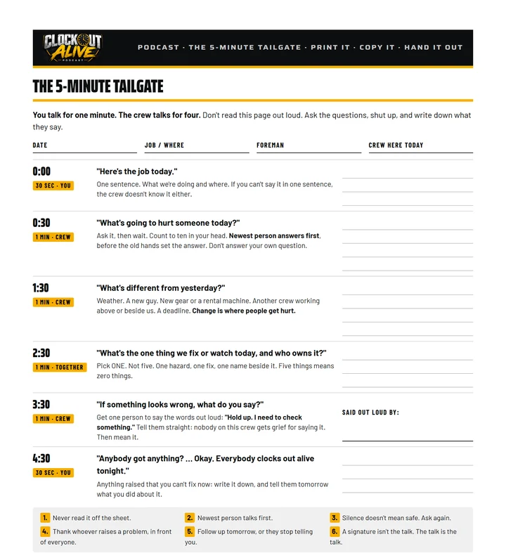 The 5-Minute Tailgate printable page: five timed questions, from here's the job today to everybody clocks out alive tonight